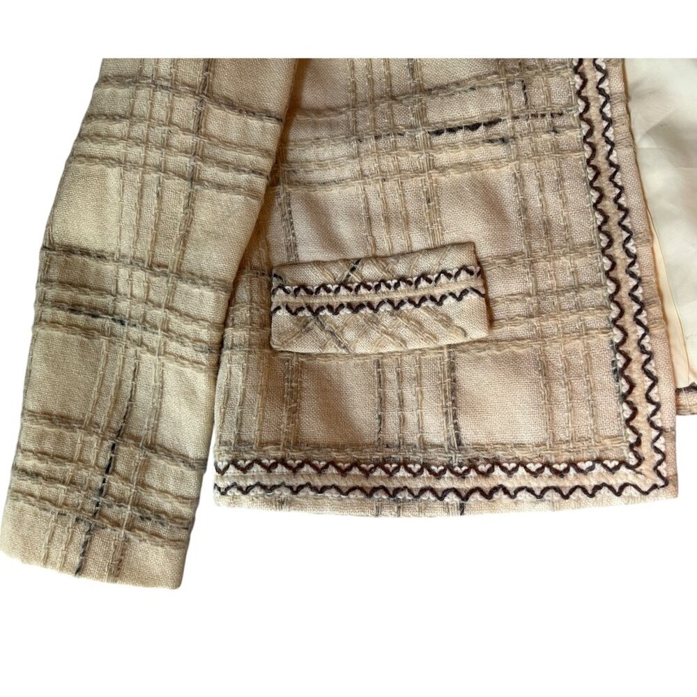 I Magnin & Co Cream & Black Plaid Wool Womens Tweed Blazer Jacket With Front Poc - Picture 8 of 9